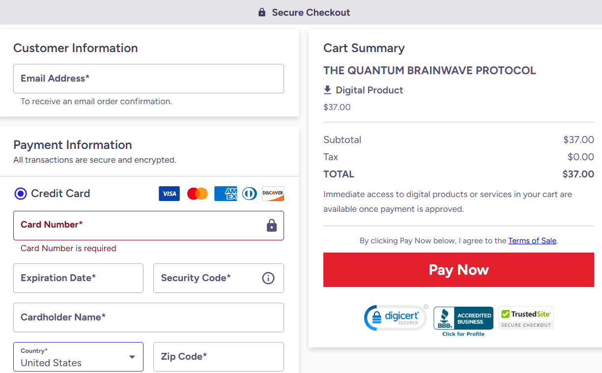 Quantum Brainwave Protocol checkout page 